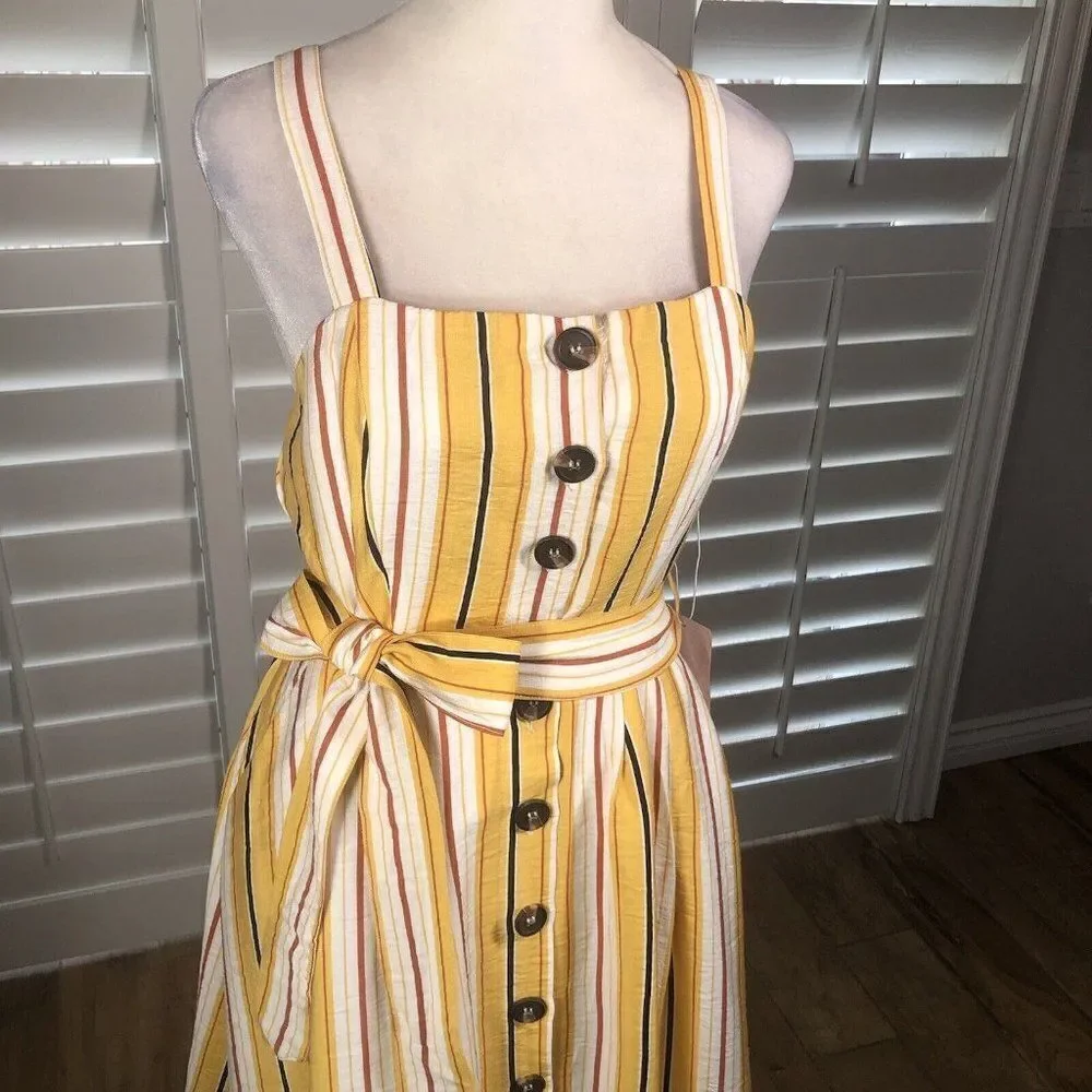 NEW Fashion On Earth Yellow Striped Sundress Small Backless Button Front Summer